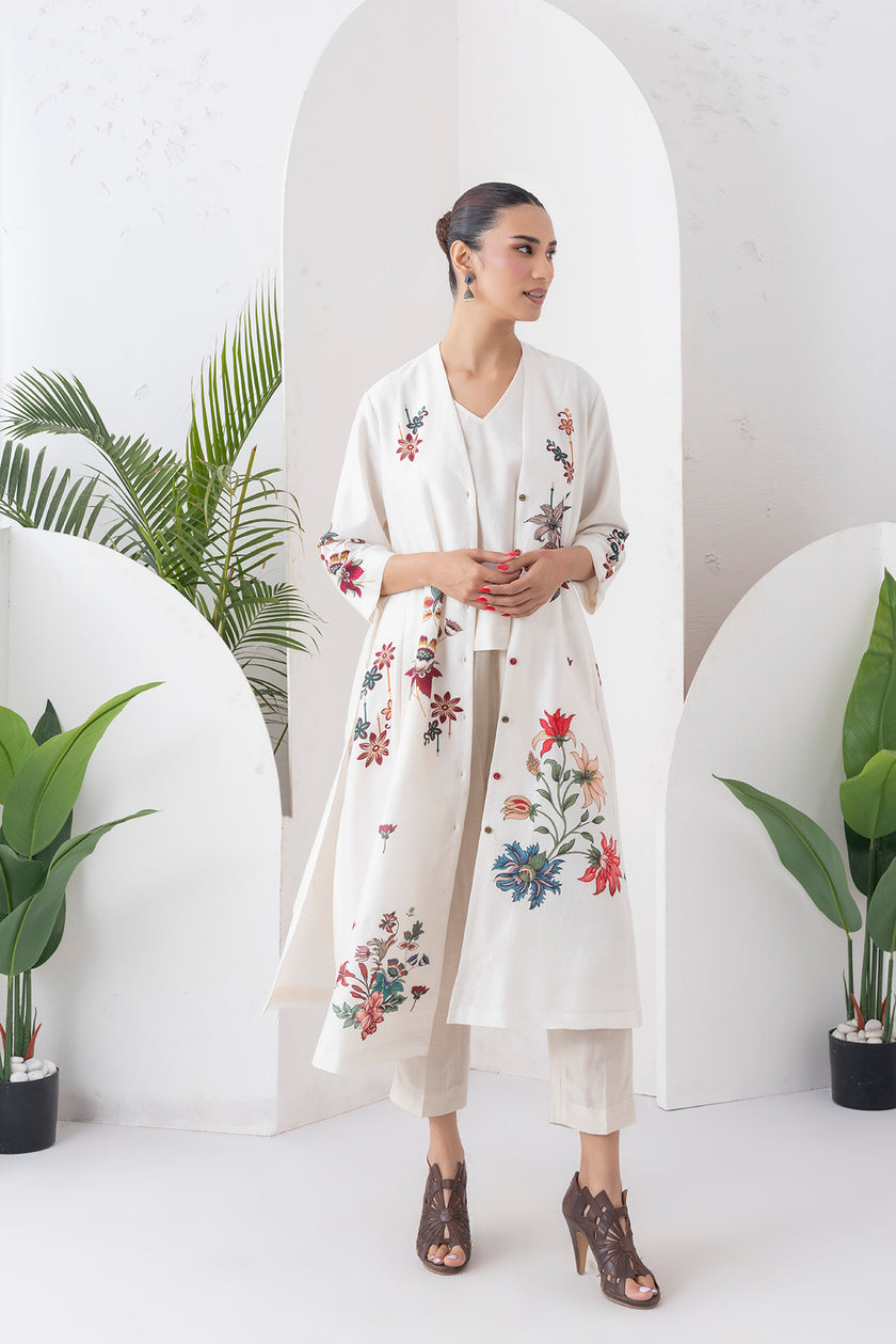 Ivory Silk Chanderi Printed High-Low Dress (1 PC)