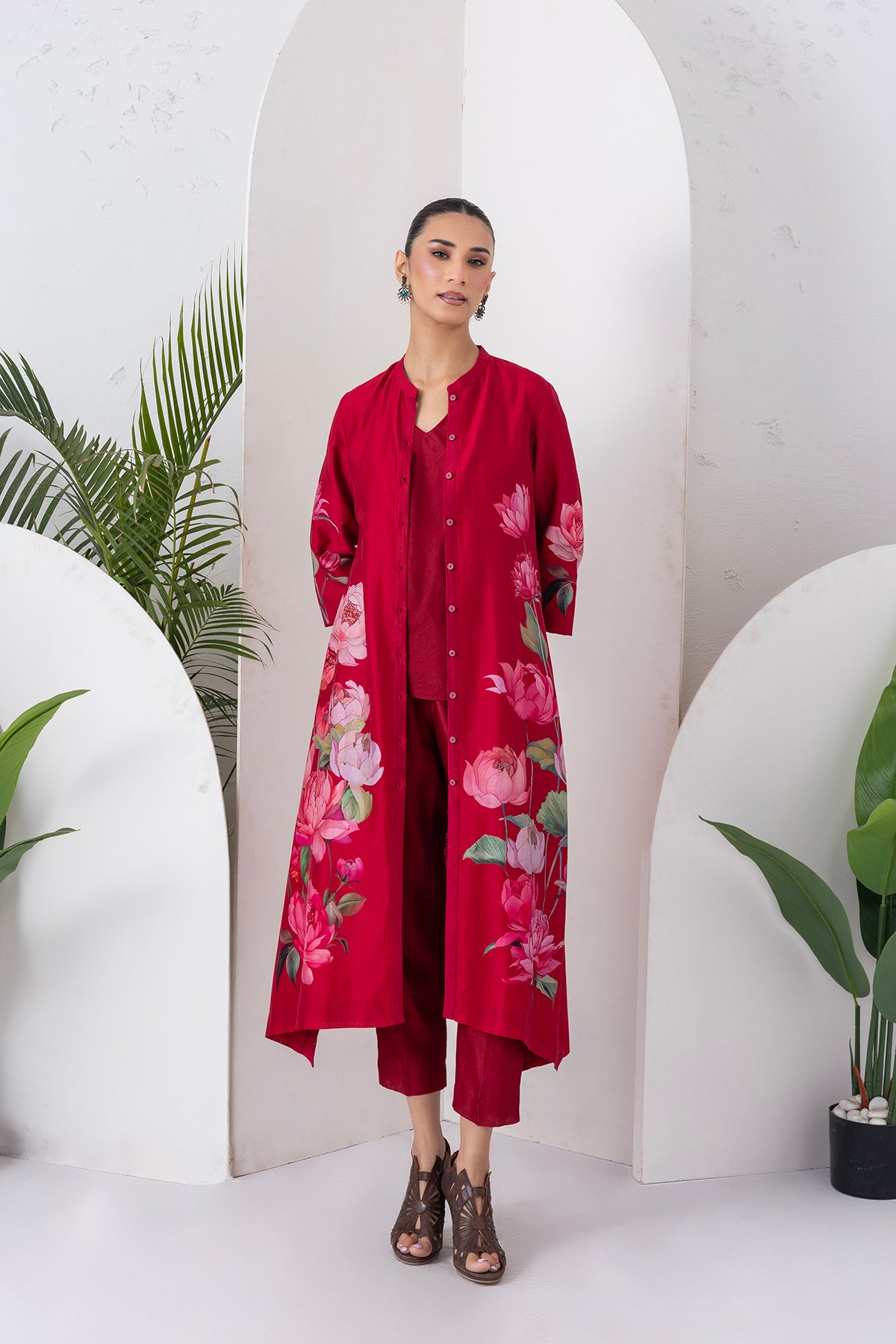 Maroon Silk Chanderi Printed Front Open Dress (1 PC)