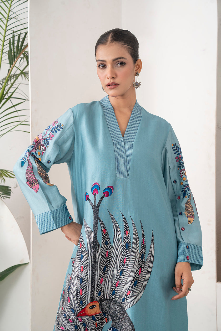 Sky Blue Silk Chanderi Striking Peacock Illustration Printed Tunic (1 PC)