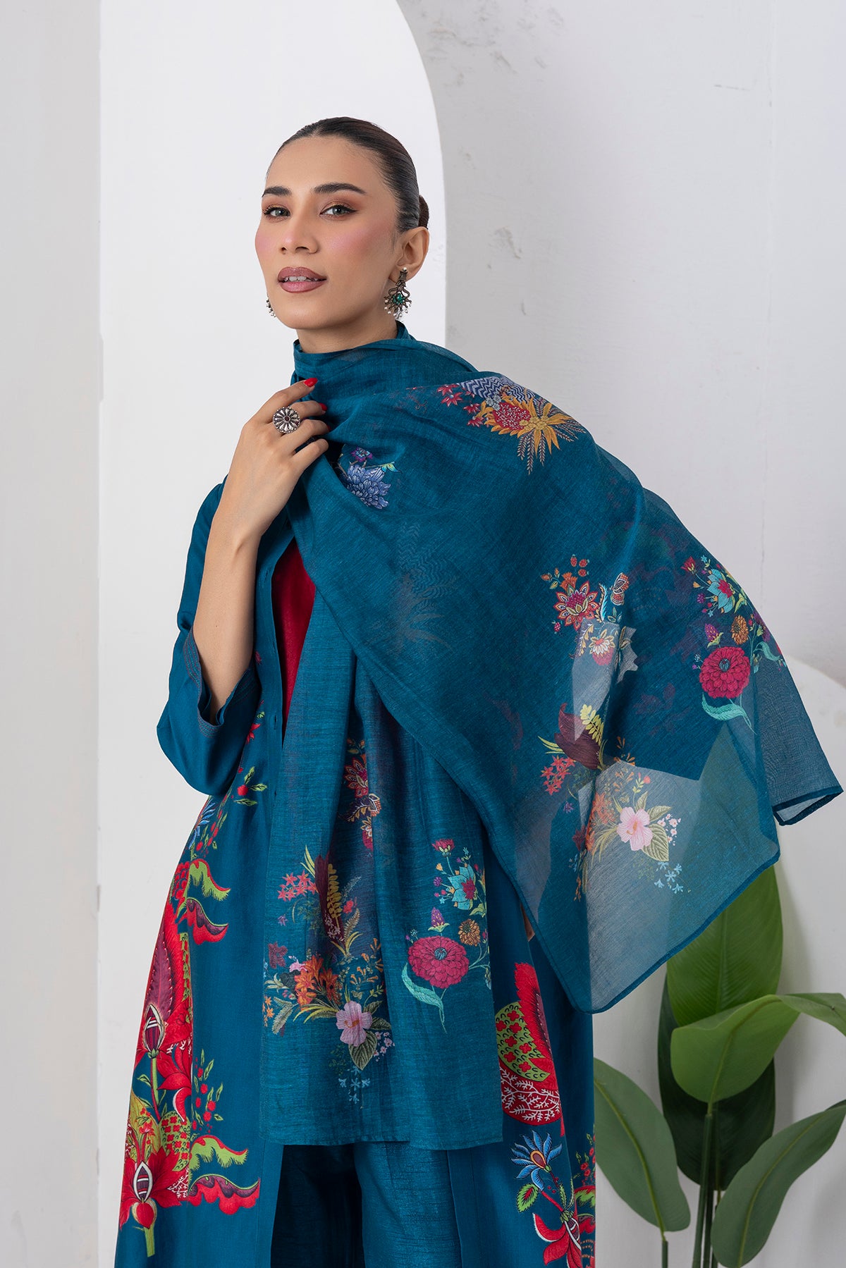 Indigo Silk Chanderi Printed Front Open Floral High-Low Dress (1 PC)