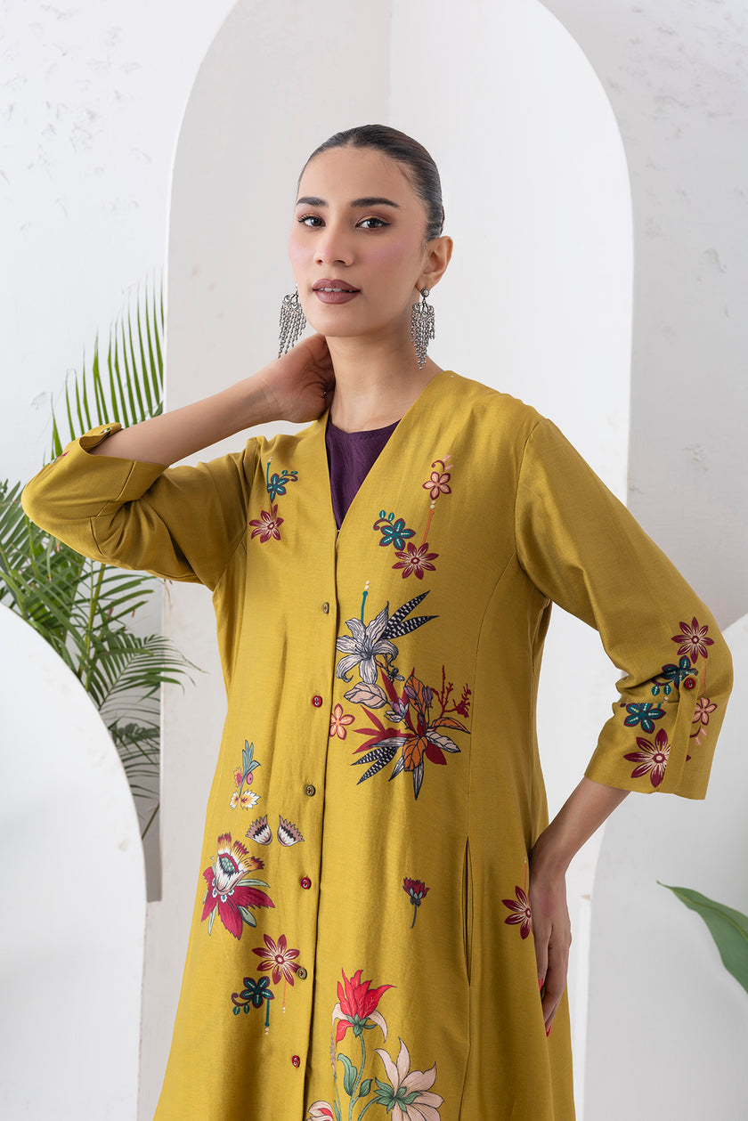 Mustard Silk Chanderi Printed High-Low Dress (1 PC)