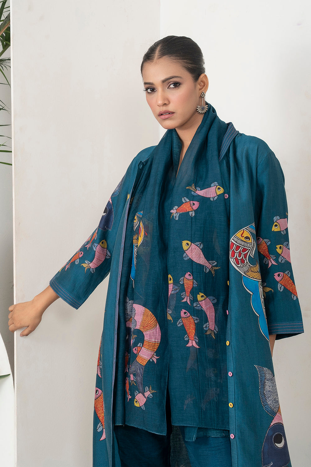 Indigo Silk Chanderi Playful Aquatic Motif Printed Dress (1 PC)