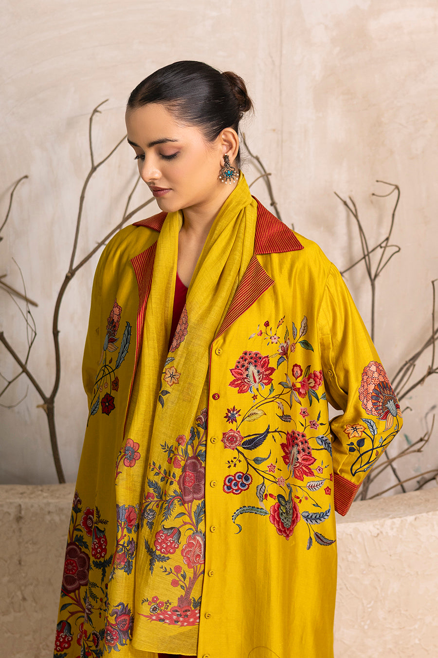 Yellow Silk Chanderi Chintz Printed Front Open Dress (1 PC)