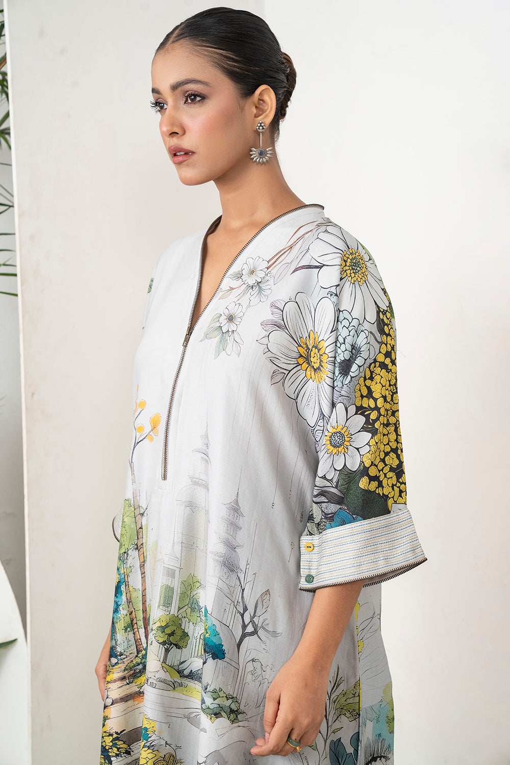 Grey Silk Chanderi Painterly Landscape Printed Zippered Dress (1 PC)