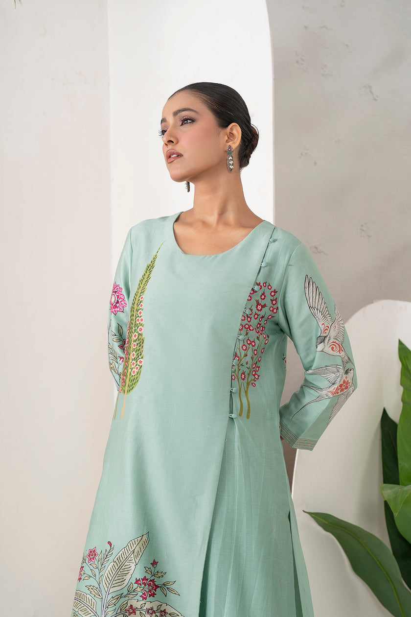 Mint Silk Chanderi Miniature Painting Inspired Printed Dress (1 PC)