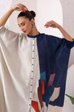 Blue & Ivory Silk Chanderi Printed Kaftan Style Dress (1 PC)