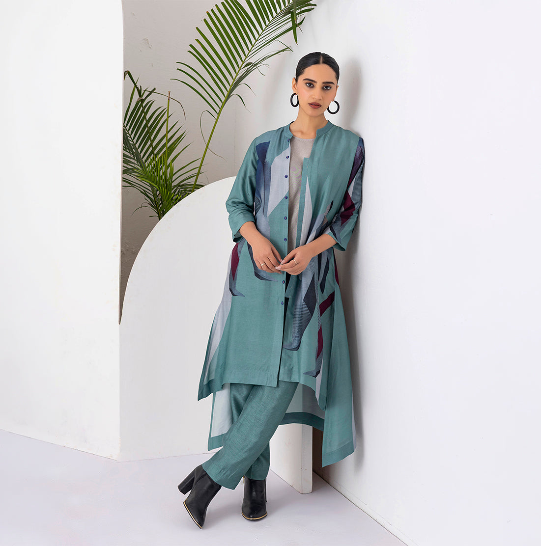 Sage Green Viscose Dupion Printed Dress (1 PC)