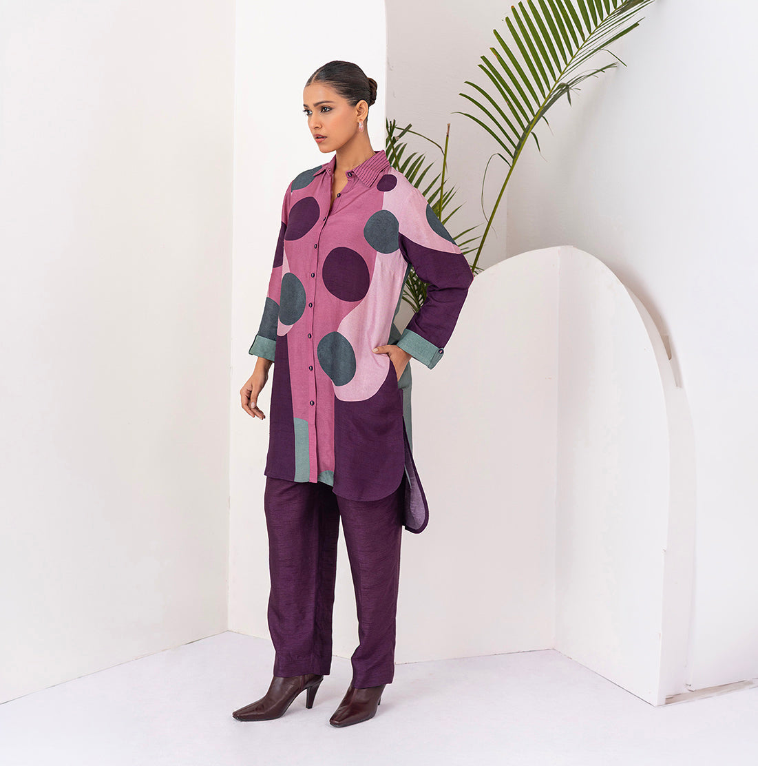 Salmon Pink & Wine Viscose Dupion Printed Shirt Style Tunic (1 PC)
