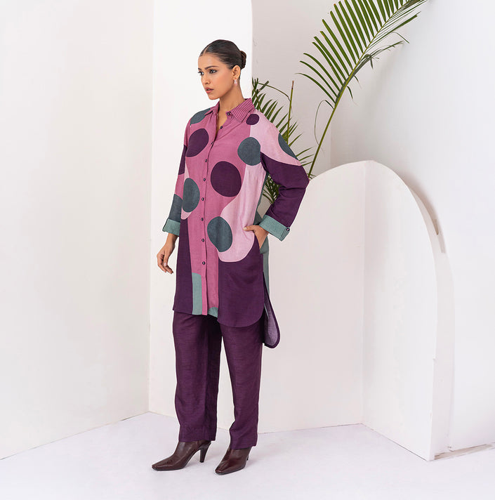 Salmon Pink & Wine Viscose Dupion Printed Shirt Style Tunic (1 PC)