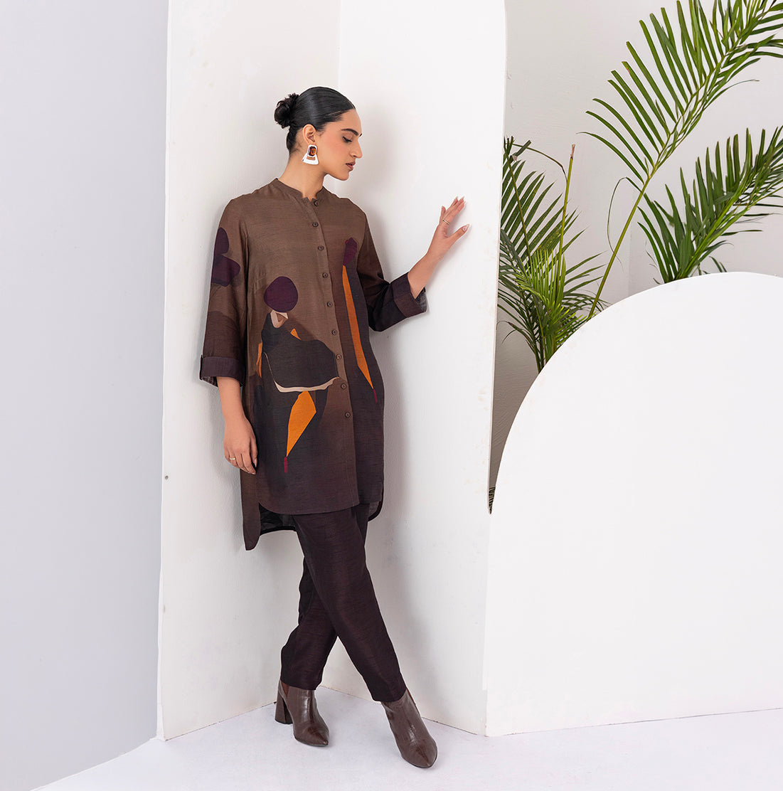 Shades Of Brown Viscose Dupion Printed Shirt Style Tunic (1 PC)