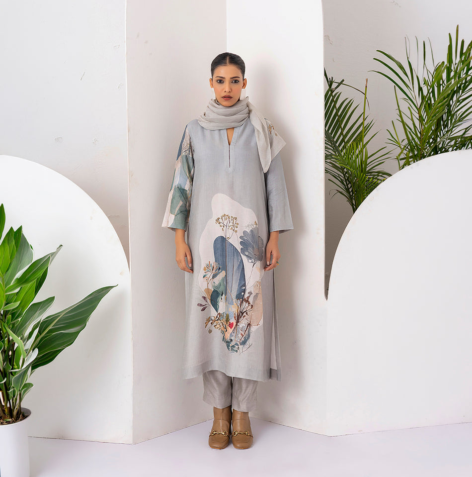 Grey Viscose Dupion Printed Tunic (1 PC)