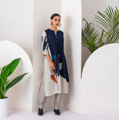 Blue & Ivory Viscose Dupion Printed Tunic (1 PC)