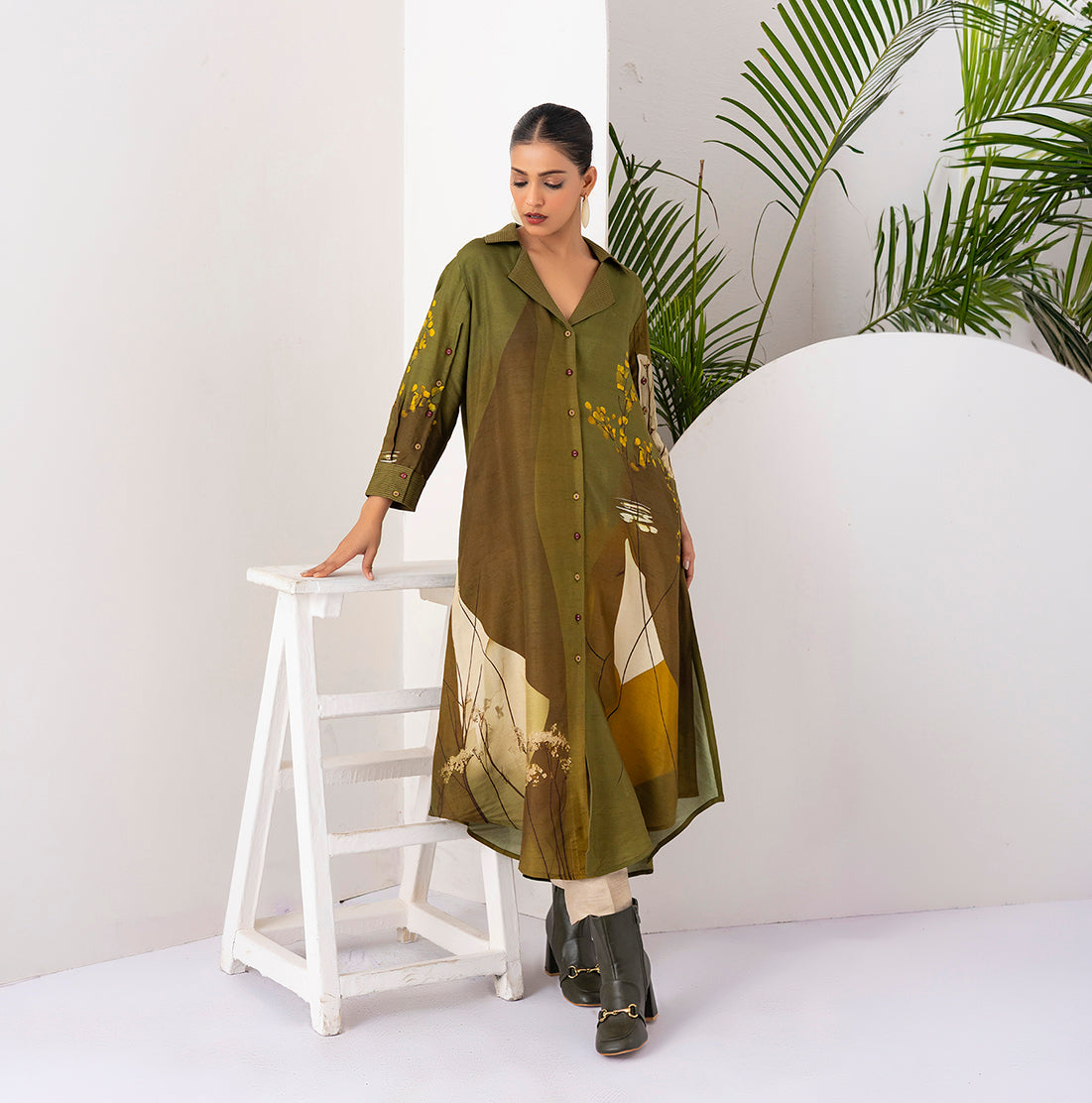 Moss Green Shaded Viscose Dupion Printed Dress (1 PC)