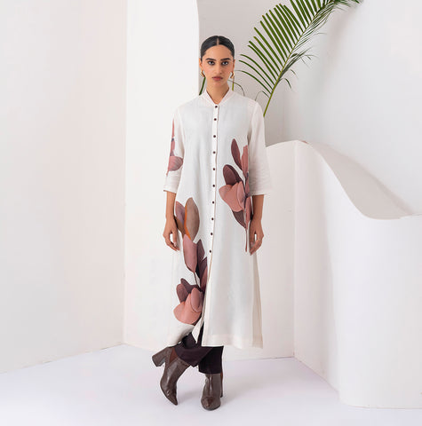 Ivory Viscose Dupion Leaf Printed Dress (1 PC)