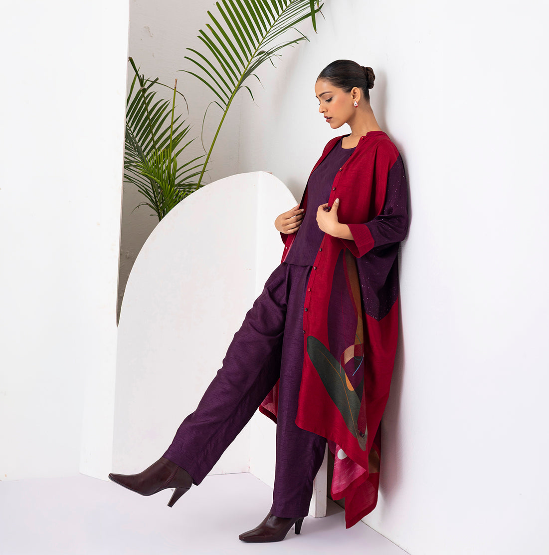 Red Viscose Dupion Printed Kaftaan Style Dress (1 PC)