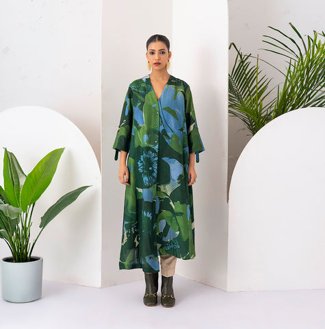 Green & Blue Viscose Dupion Printed Dress (1 PC)