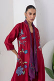 Maroon Silk Chanderi Floral Printed Front Open Dress (1 PC)