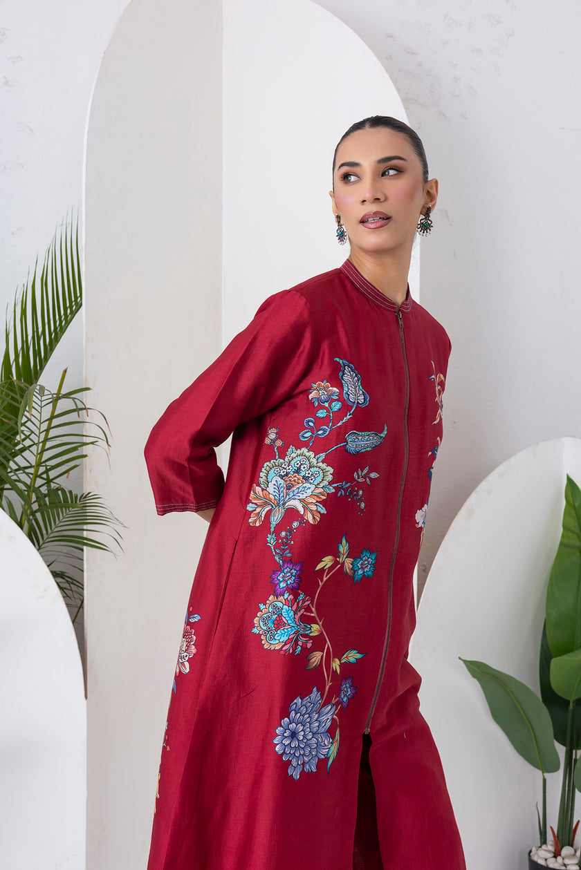 Maroon Silk Chanderi Floral Printed Front Open Dress (1 PC)