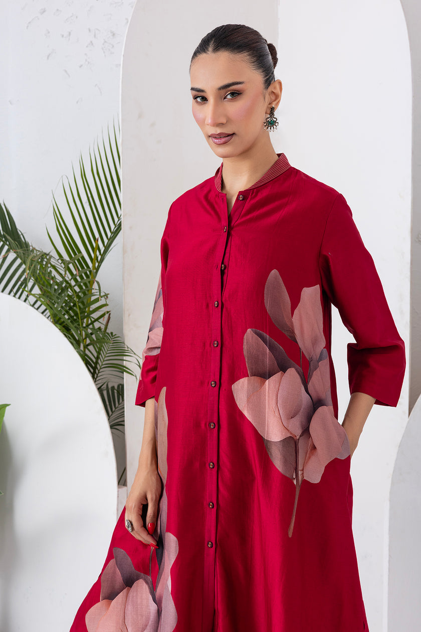 Maroon Silk Chanderi Leaf Printed Dress (1 PC)