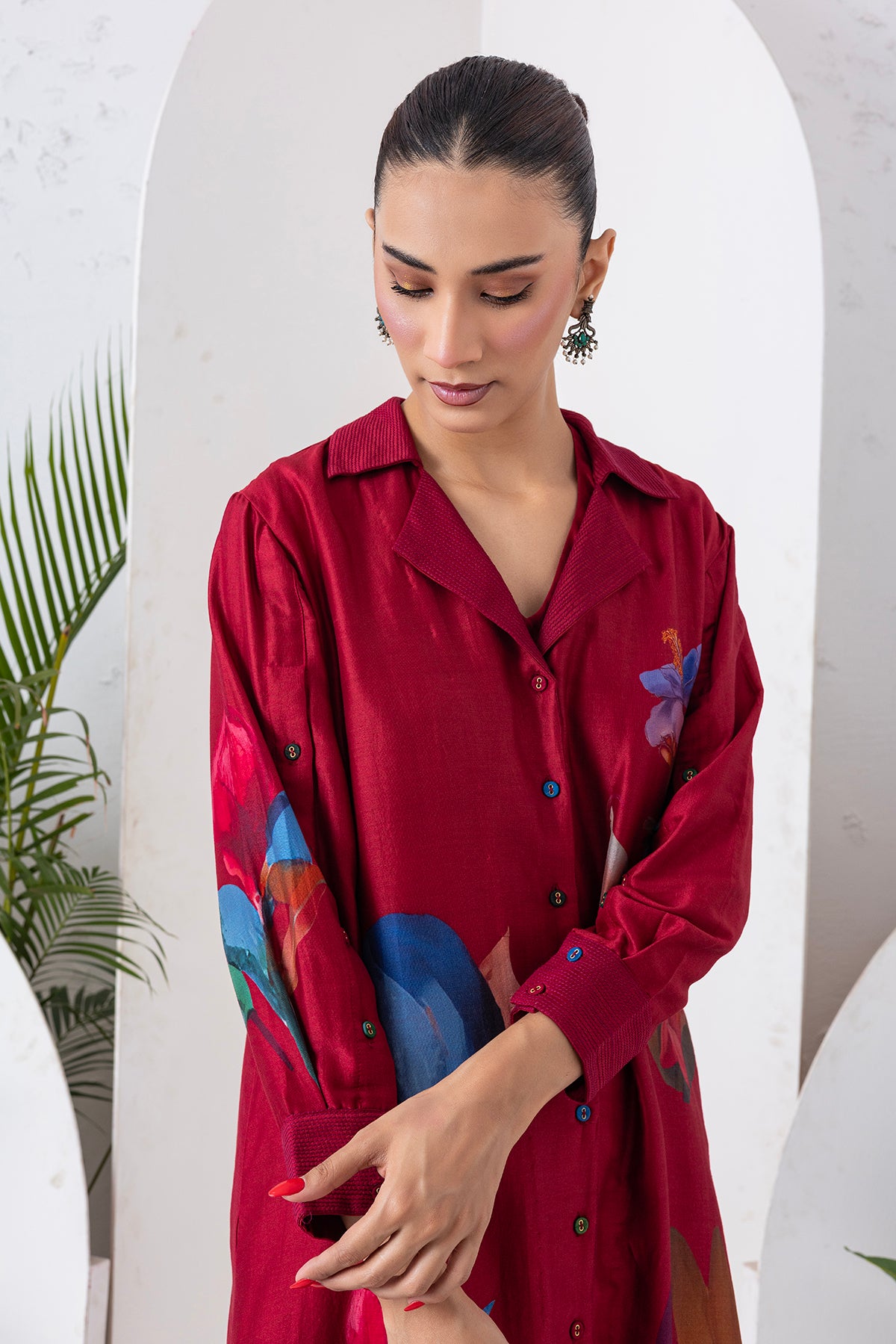 Red Silk Chanderi Printed Front Open Dress (1 PC)