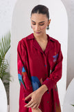 Red Silk Chanderi Printed Front Open Dress (1 PC)