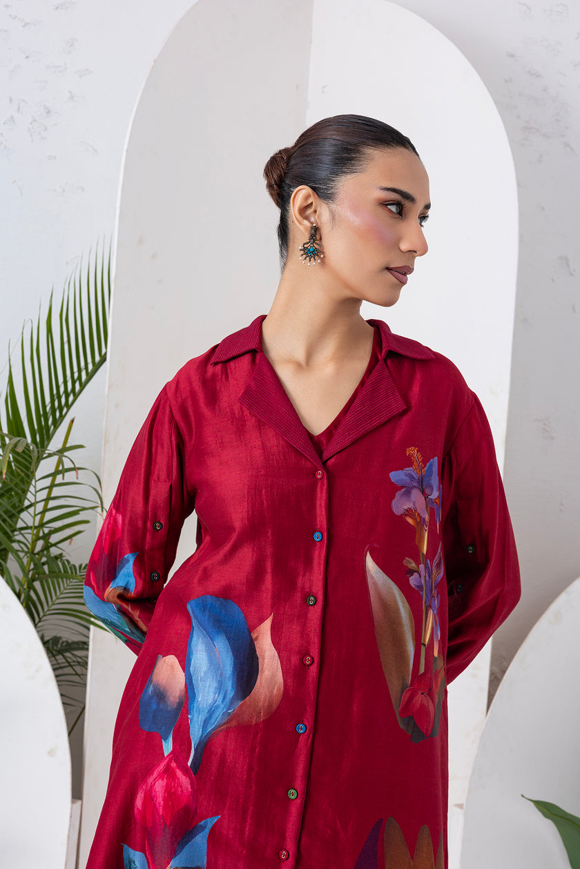 Red Silk Chanderi Printed Front Open Dress (1 PC)