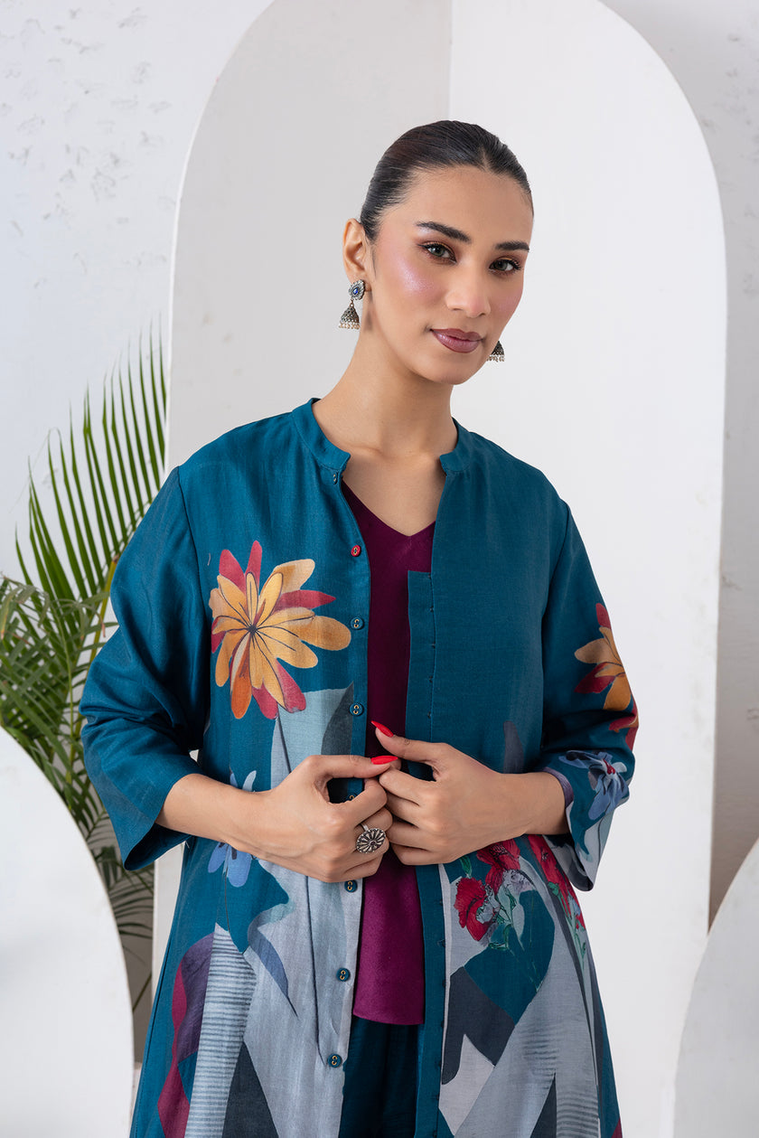 Indigo Silk Chanderi Printed High-Low Dress (1 PC)