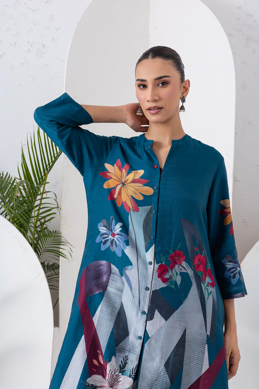 Indigo Silk Chanderi Printed High-Low Dress (1 PC)