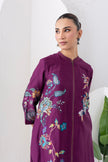 Wine Silk Chanderi Floral Printed Front Open Dress (1 PC)