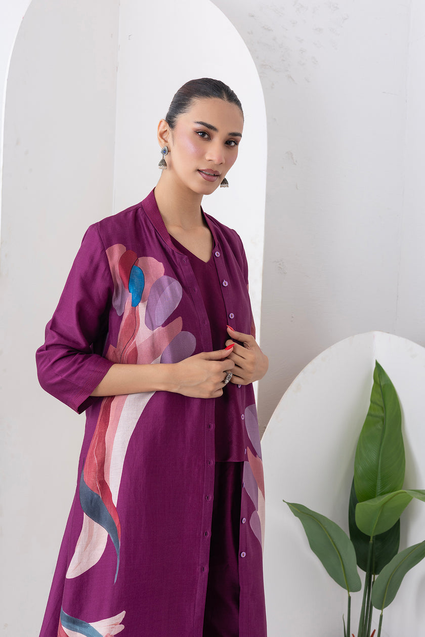 Wine Silk Chanderi Printed Dress (1 PC)