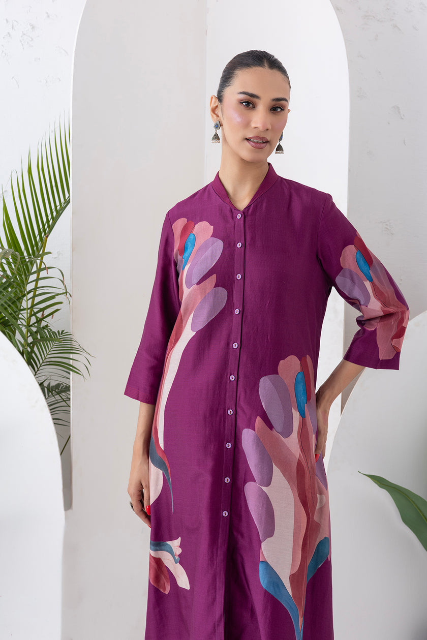 Wine Silk Chanderi Printed Dress (1 PC)