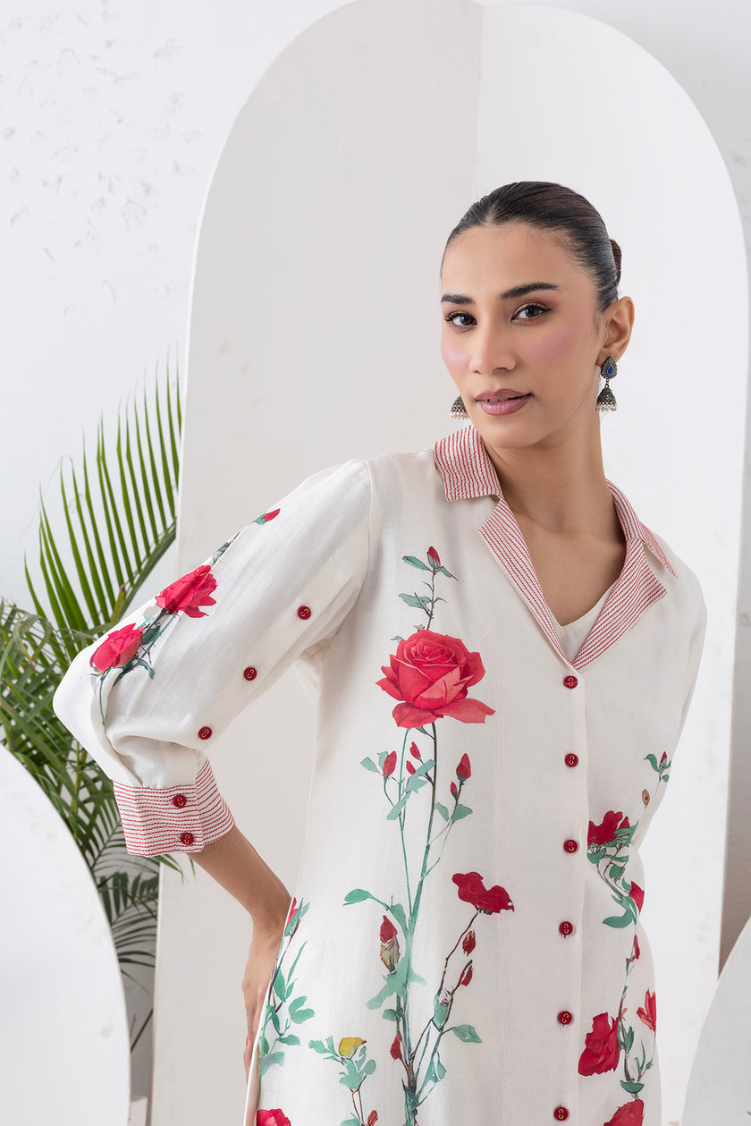 Ivory Silk Chanderi Front Open Printed Dress (1 PC)