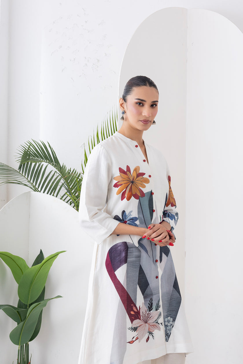 Ivory Silk Chanderi Printed High-Low Dress (1 PC)
