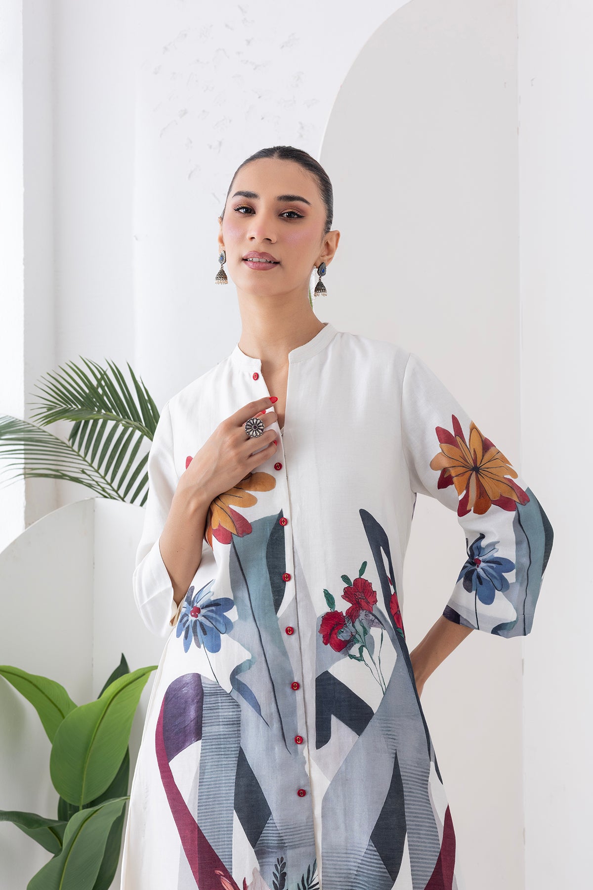 Ivory Silk Chanderi Printed High-Low Dress (1 PC)