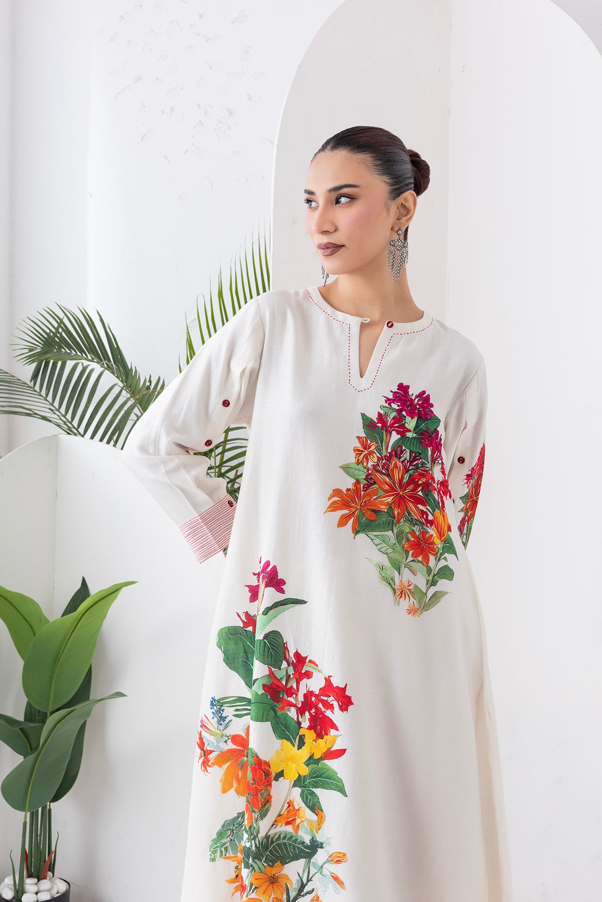Ivory Silk Chanderi Tunic With Artistic Floral Placement Prints (1 PC)