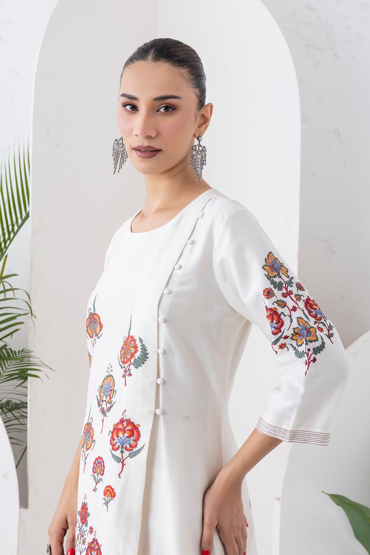 Ivory Silk Chanderi Printed Side Panel Dress (1 PC)