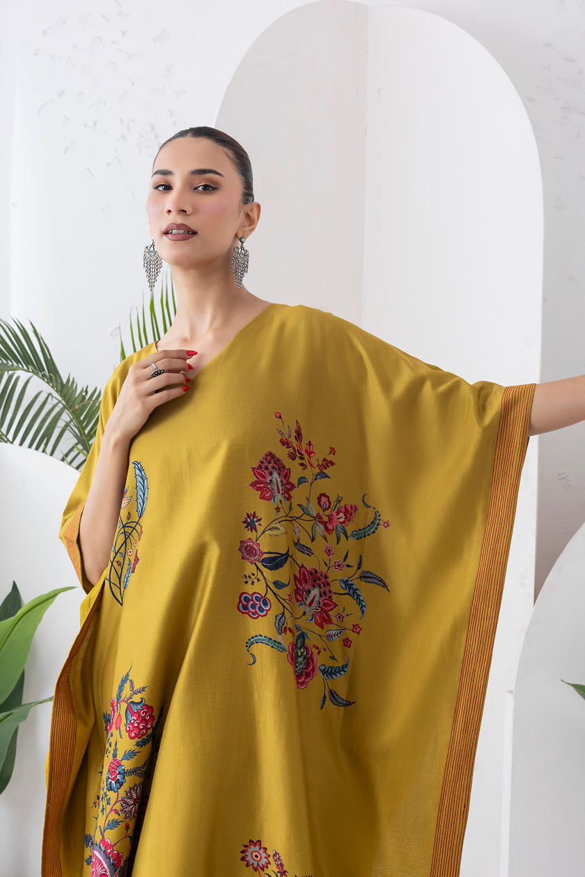 Mustard Silk Chanderi Chintz Printed Kaftan (1 PC)