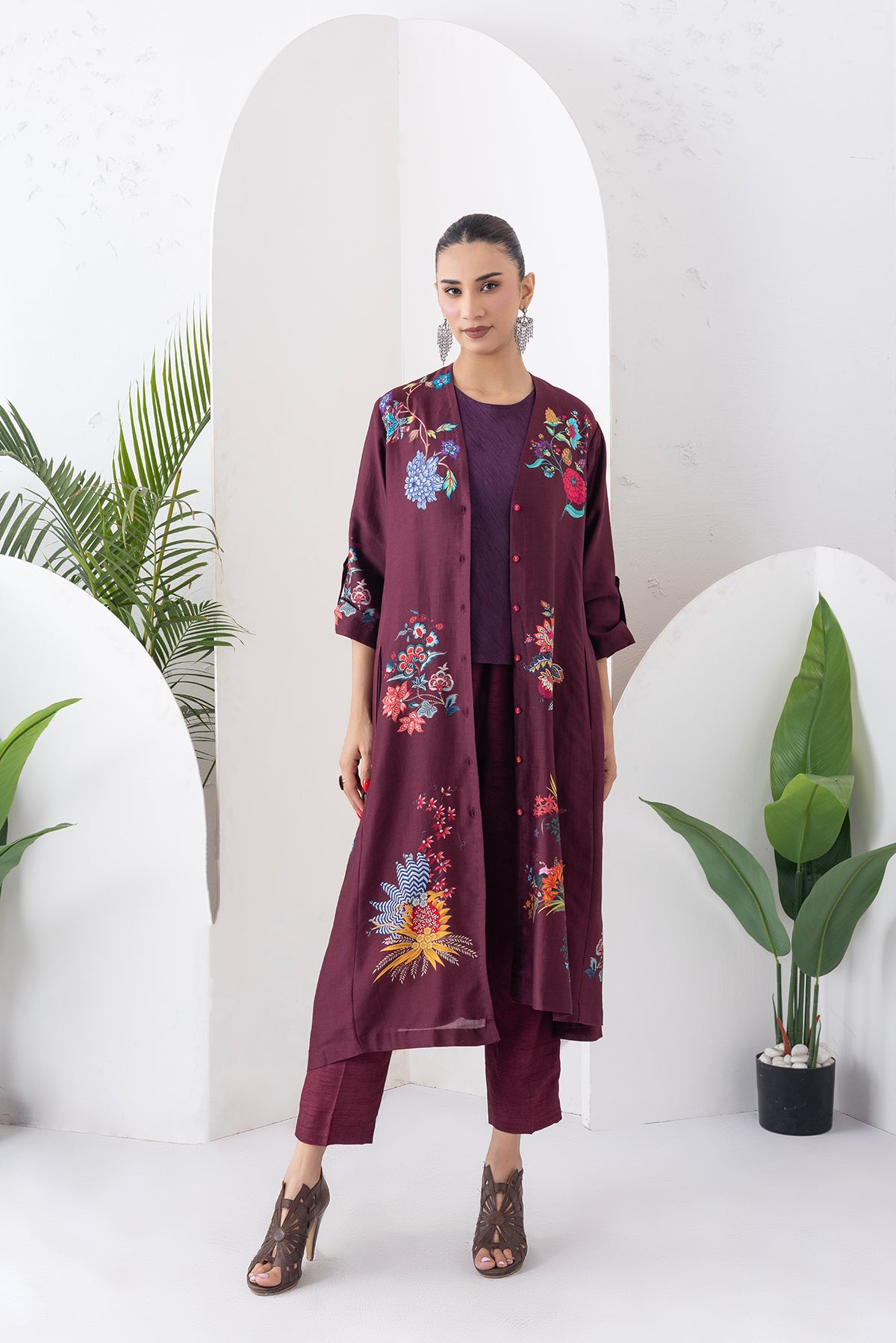 Chocolate Brown Silk Chanderi Printed High-Low Dress (1 PC)