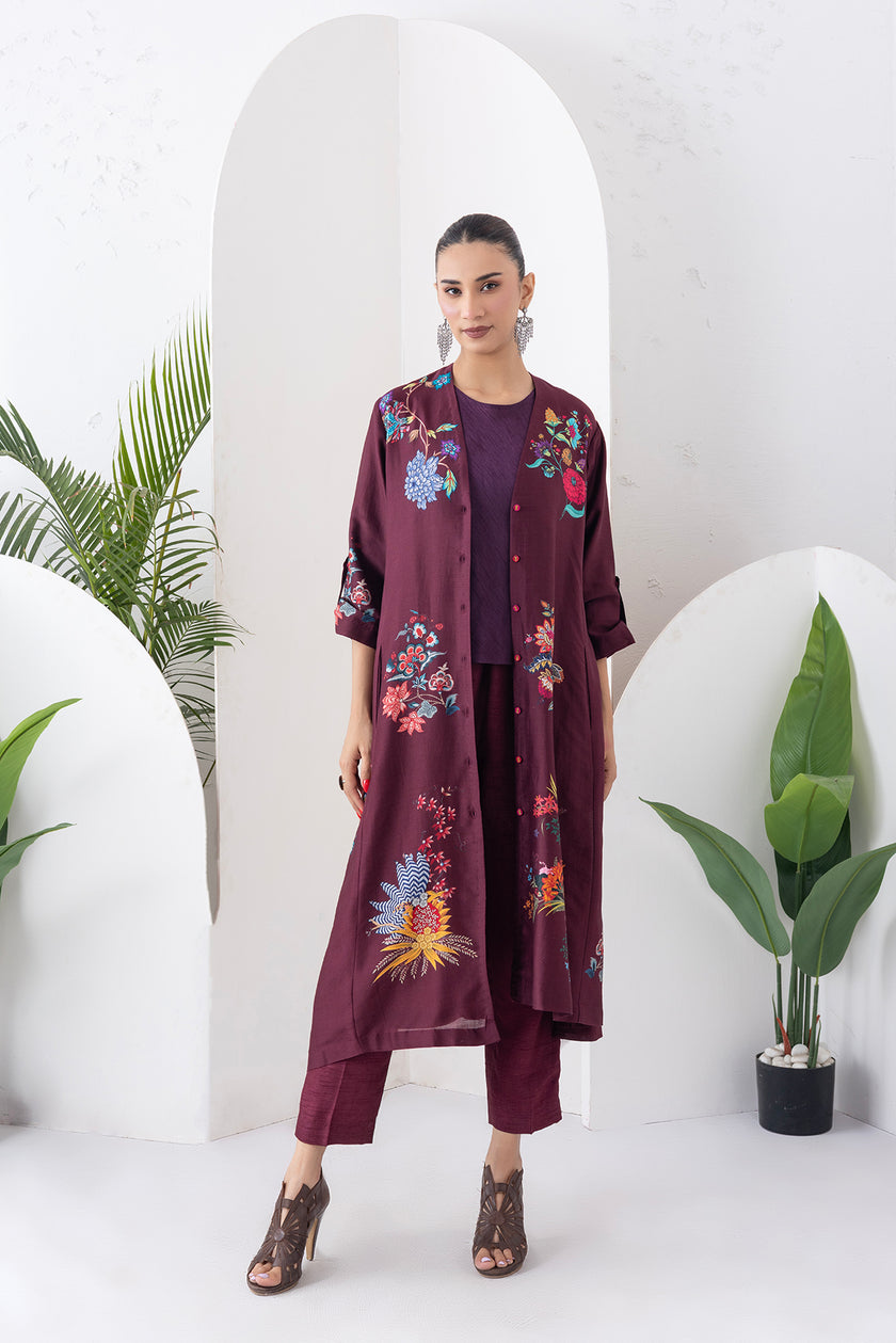 Chocolate Brown Silk Chanderi Printed High-Low Dress (1 PC)