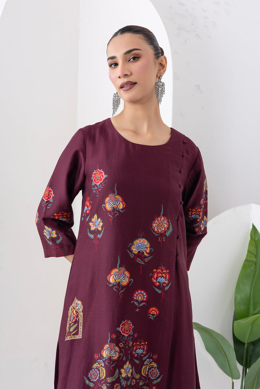 Chocolate Brown Silk Chanderi Printed Side Panel Dress (1 PC)