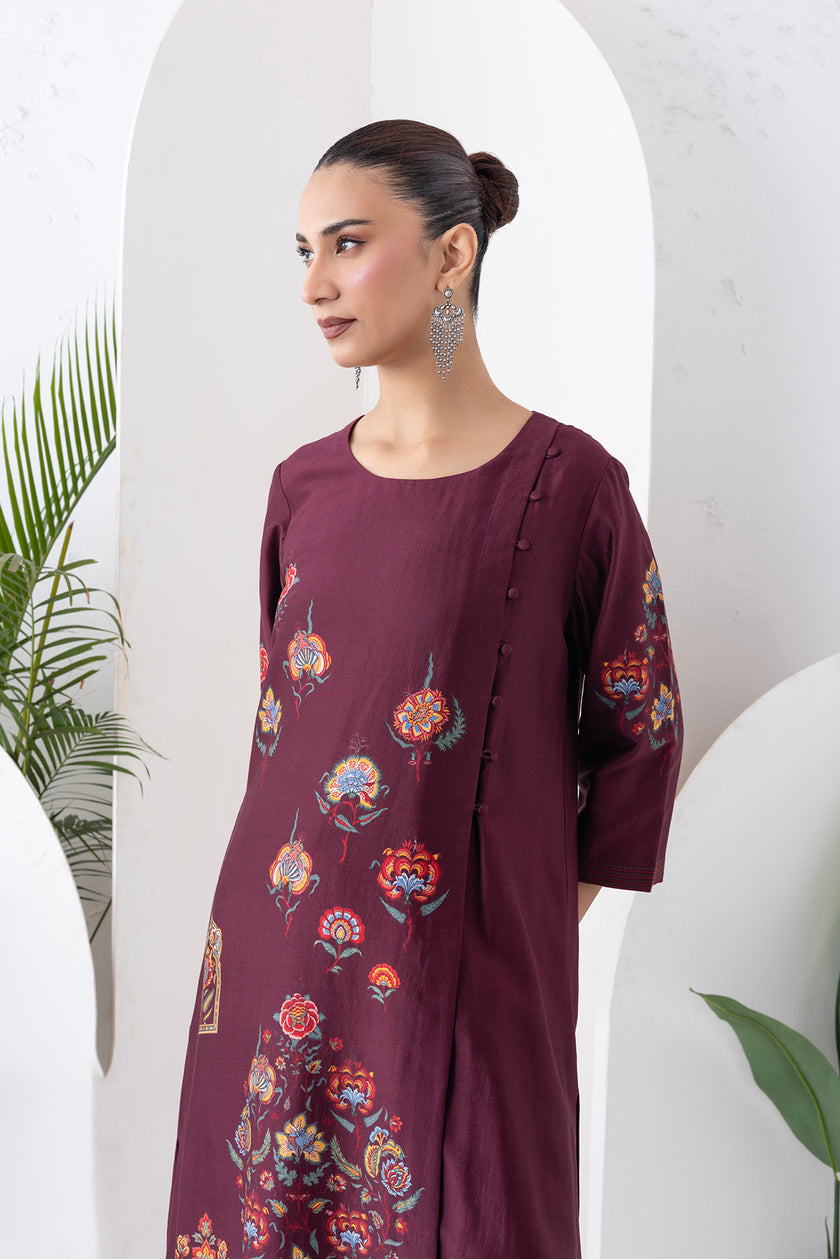 Chocolate Brown Silk Chanderi Printed Side Panel Dress (1 PC)