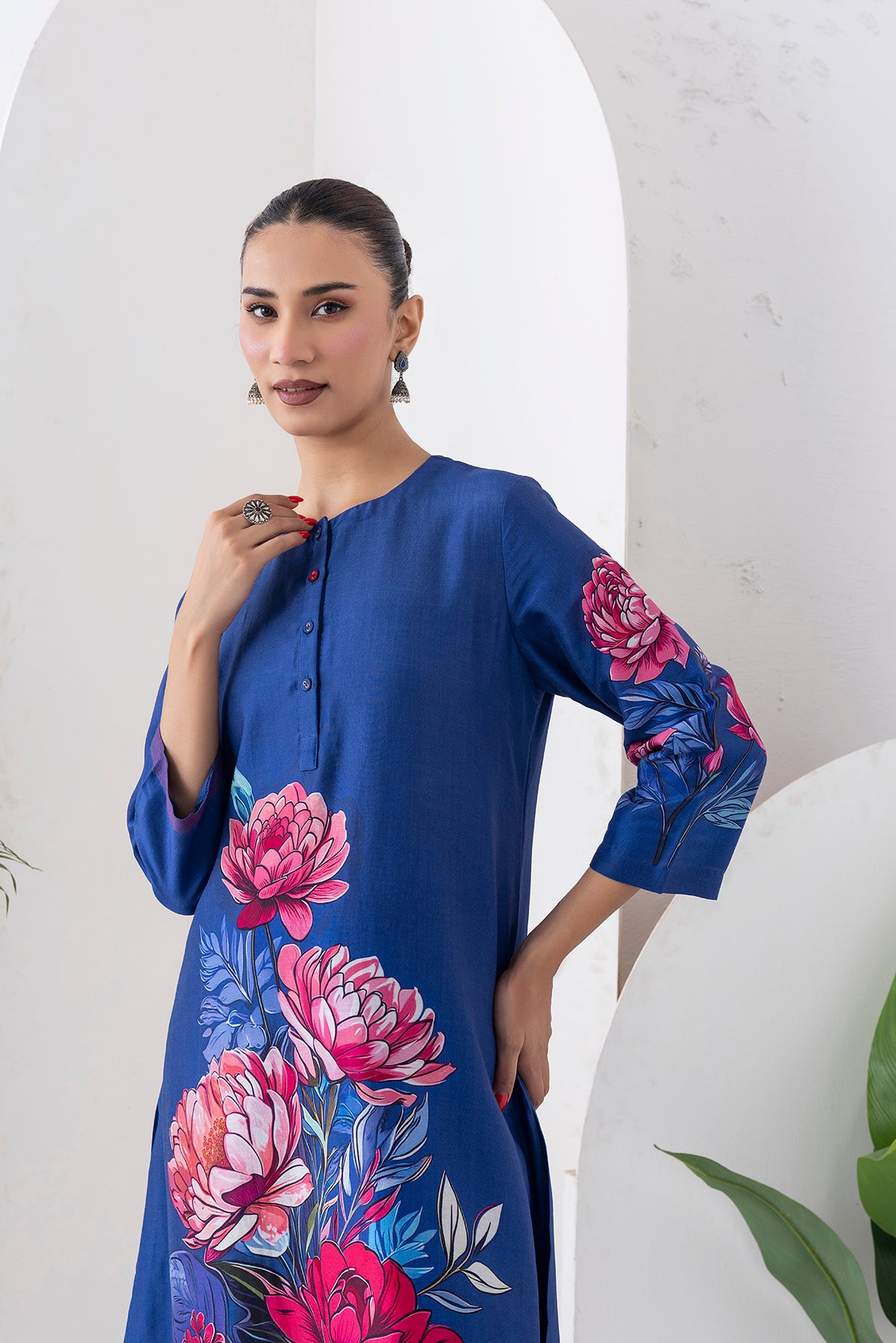 Cobalt Blue Silk Chanderi Printed Tunic (1 PC)