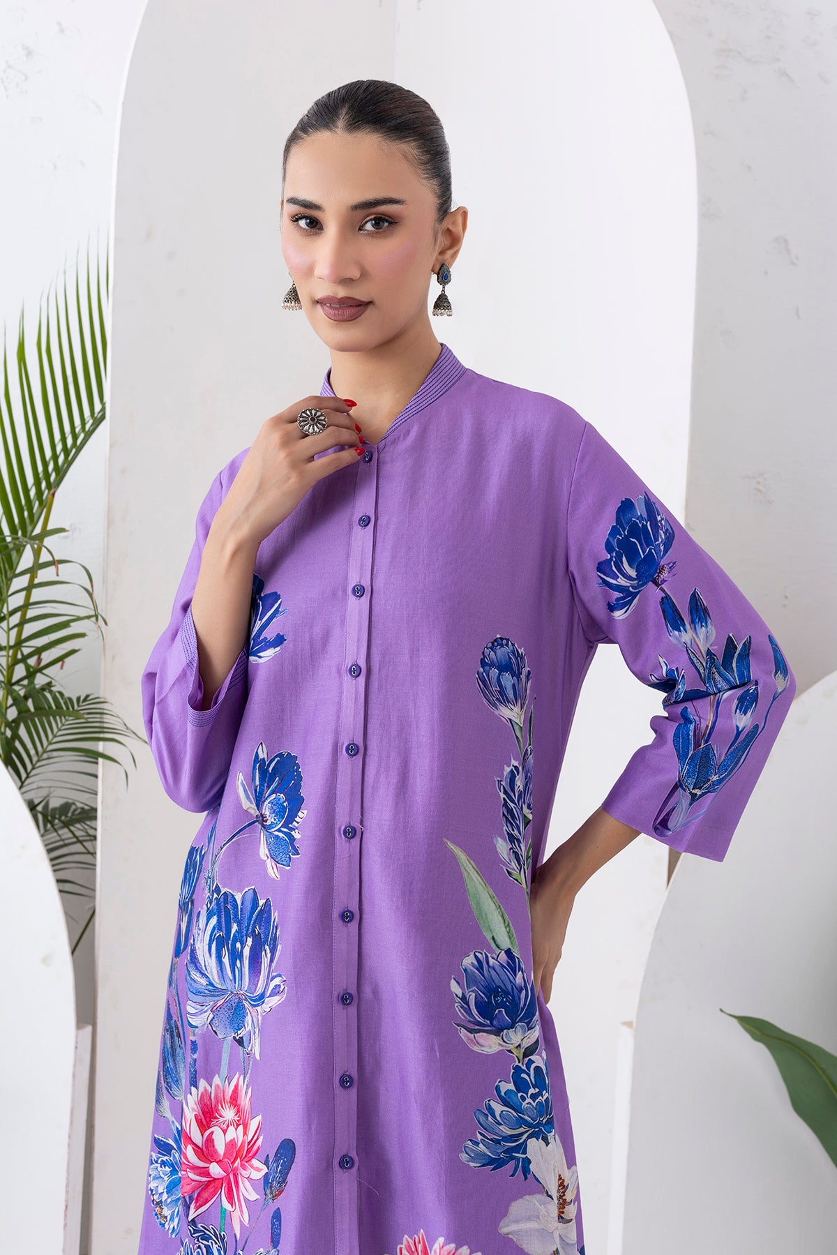 Lavender Silk Chanderi Front Open Printed Dress (1 PC)