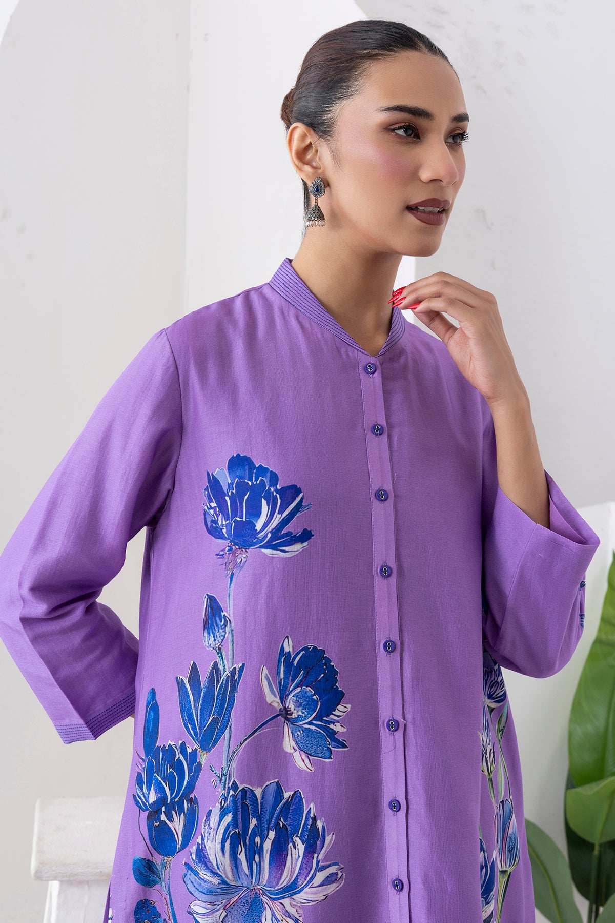 Lavender Silk Chanderi Front Open Printed Dress (1 PC)