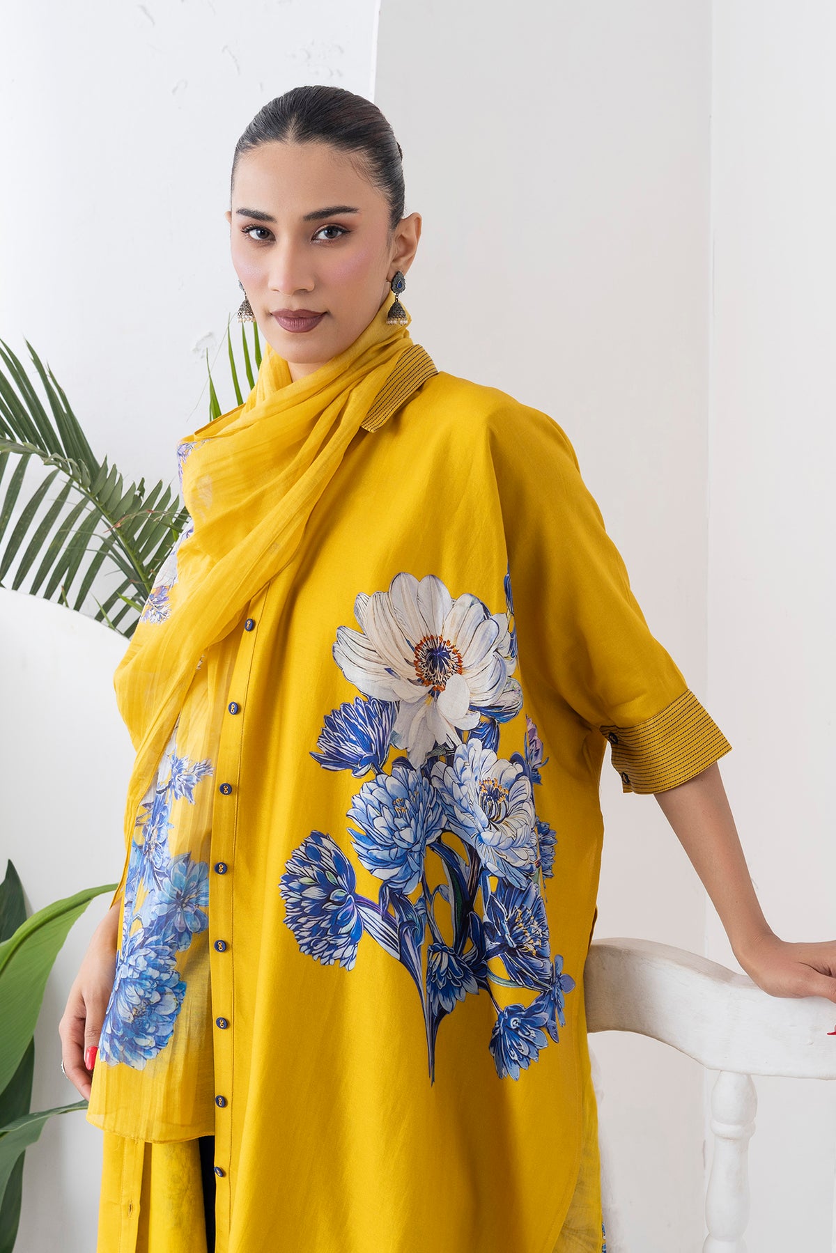 Yellow Silk Chanderi Front Open Kaftan Style Printed Dress (1 PC)