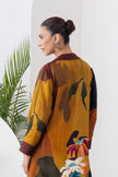 Mustard & Brown Viscose Dupion Printed Front Open Dress (1 PC)