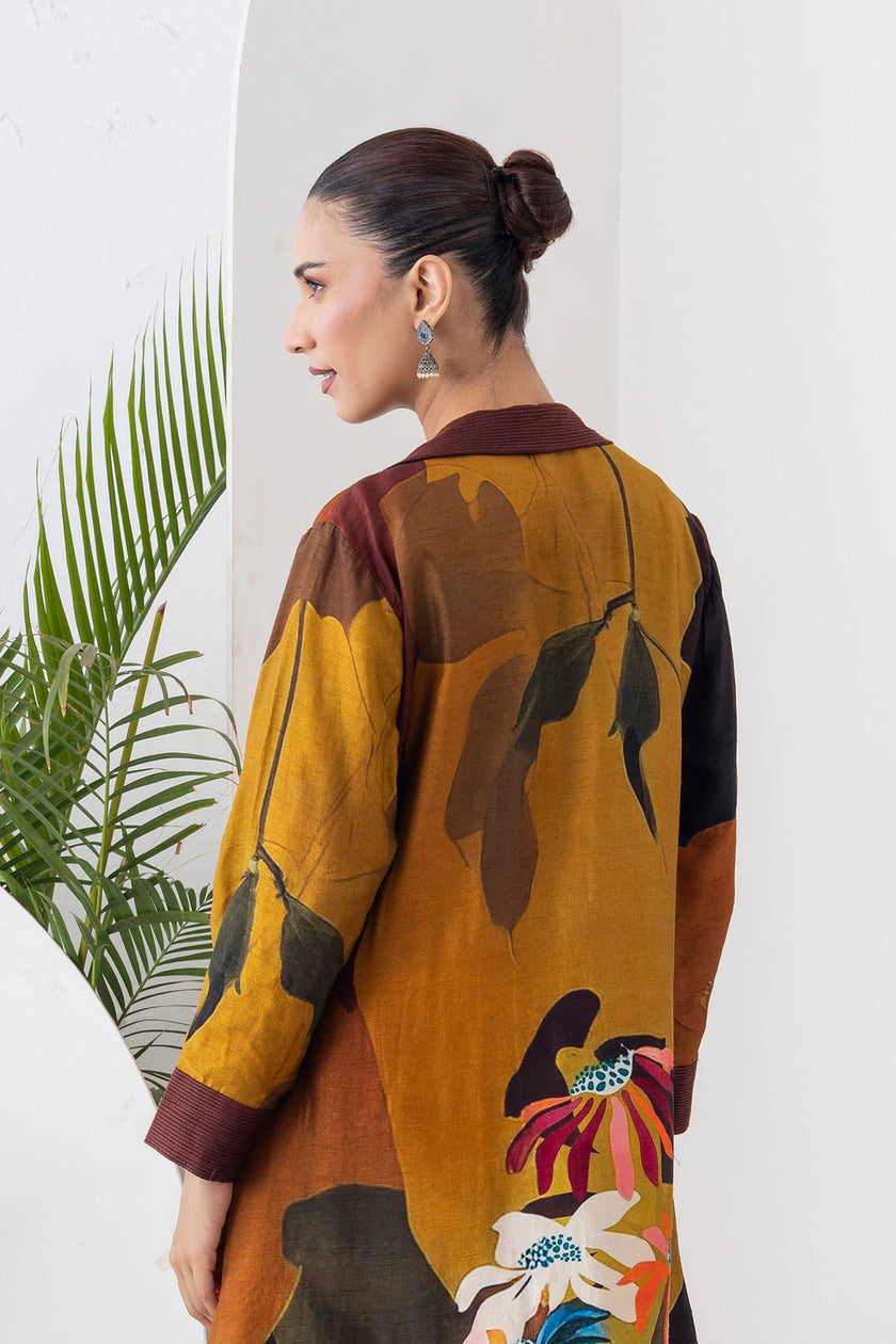 Mustard & Brown Viscose Dupion Printed Front Open Dress (1 PC)