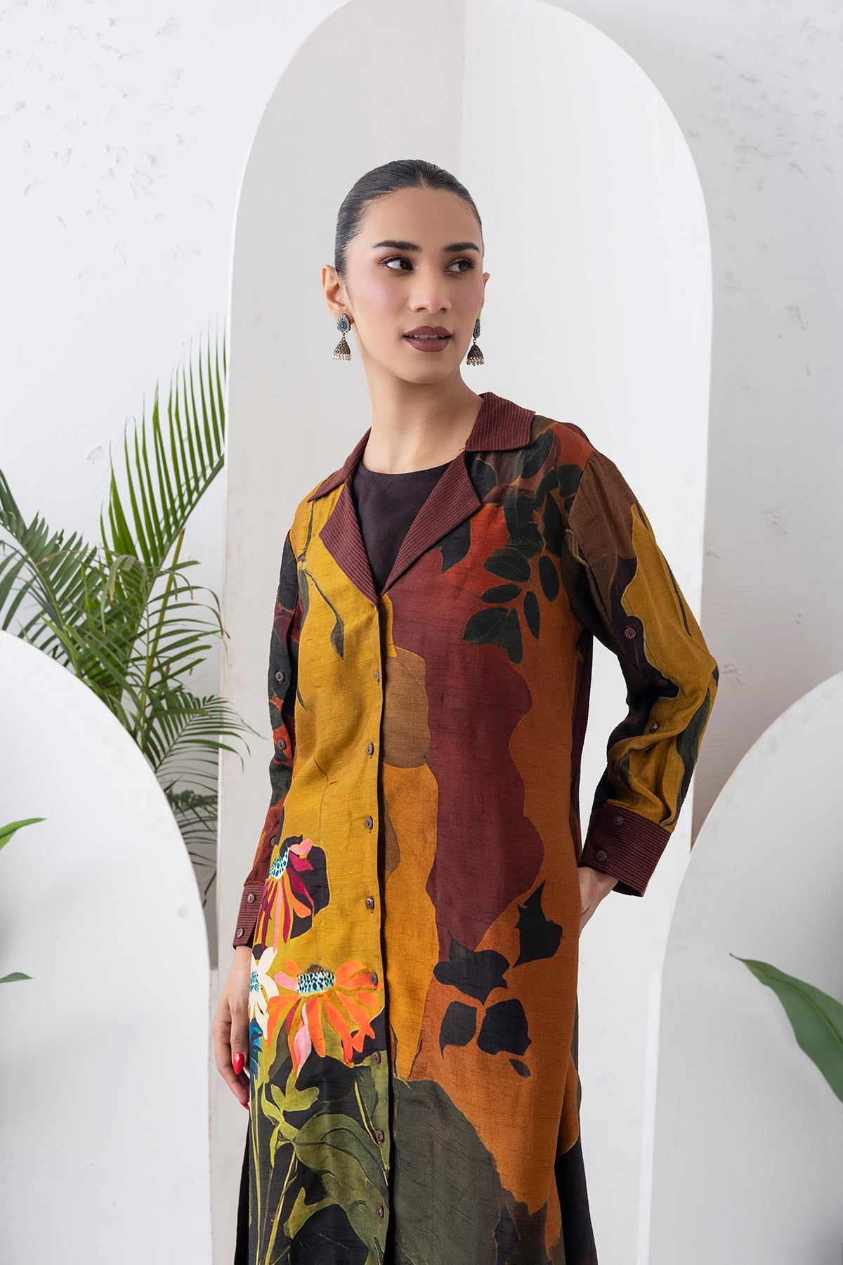 Mustard & Brown Viscose Dupion Printed Front Open Dress (1 PC)