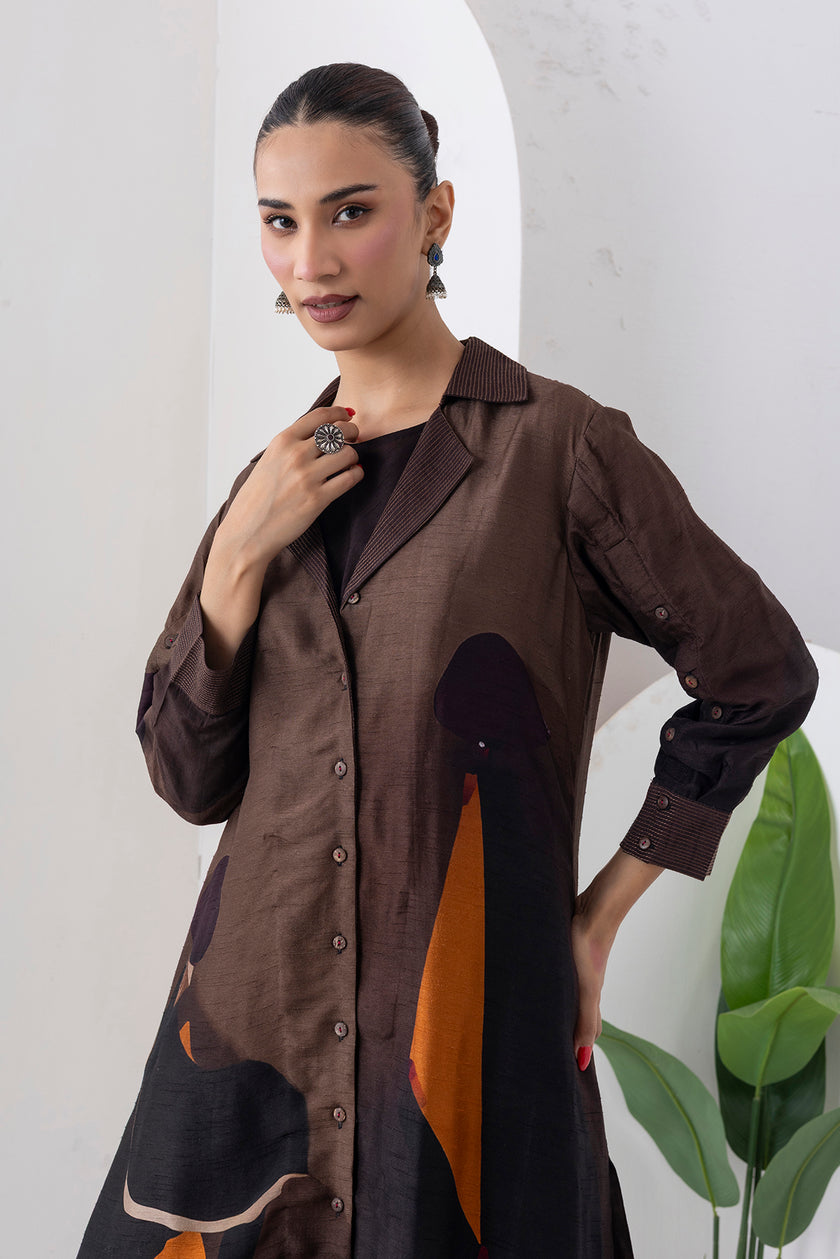 Shades Of Brown Viscose Dupion Printed Front Open Dress (1 PC)