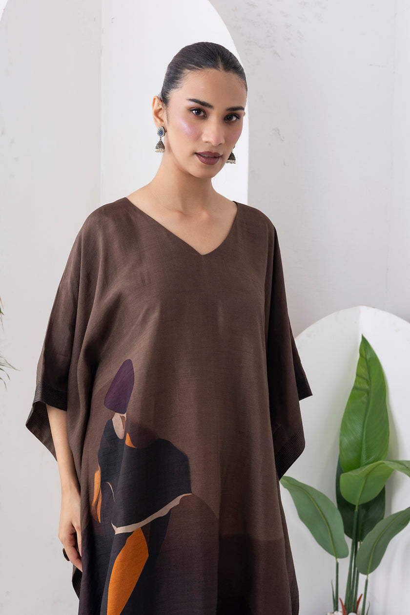 Shades Of Brown Viscose Dupion Printed Kaftan (1 PC)